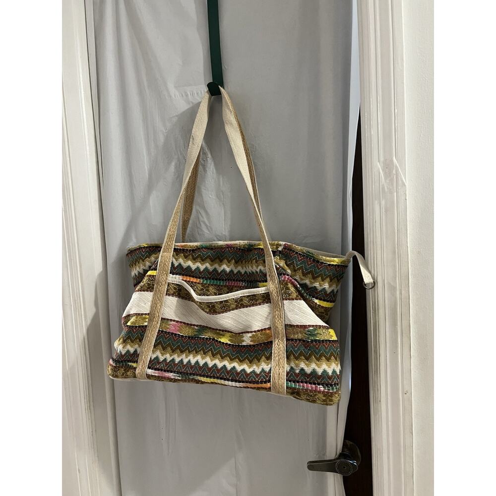 Astrid Multicolor Tote Bag Pompom Tassle Aztec Boho 22x12x6 - Picture 6 of 10